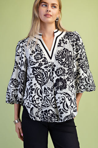 Noir Floral Contrast Blouse - barndoorboutiquetn