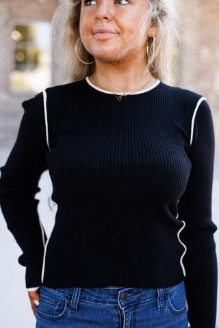 Close-up shot of the black ribbed long-sleeve sweater emphasizing the vertical rib-knit texture, soft white edging along the crew neck collar, and contrast piping defining the raglan-style shoulder seams.