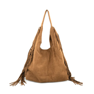 A slouchy, camel-colored suede hobo bag featuring a single shoulder strap and long, cascading suede fringe detailing along both side panels. Displayed on a crisp white background, the handbag has a relaxed, bohemian silhouette with a subtle vertical center seam down the front, emphasizing its soft texture and movement-rich design.