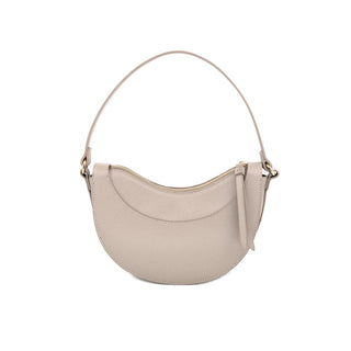 Front view of a sleek taupe textured leather shoulder bag set against a crisp white background. The minimalist handbag features a trendy crescent or half-moon silhouette with curved, structured piping details along the front panel. It includes a single, slender top handle secured by polished gold-tone hardware rings and a top zipper closure finished with a long, matching leather strap pull.