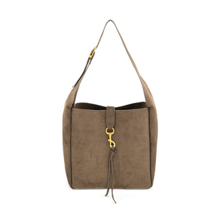 Product shot of a structured, deep chocolate brown suede shoulder tote bag centered against a white background. Features a front tab closure accented with a polished gold-tone swivel dog-clip clasp and hanging leather tassel ties. Designed with a wide flat shoulder strap anchored by an adjustable gold buckle detail.