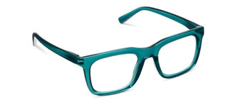 Translucent teal acetate eyeglasses featuring a thick, modern square-shaped frame with rounded edges and a smooth, flat keyhole-style bridge. Shown from a three-quarter angle against a plain white background, highlighting the translucent green-blue acetate construction, sturdy temple arms, and clear prescription-ready lenses.