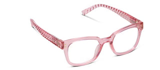 Angled view of the Aubrey Pink eyeglasses, featuring a translucent blush-pink acetate frame in a soft square silhouette with a subtle cat-eye lift. The image highlights the unique, three-dimensional scalloped texture along the temples, complemented by double gold rivet details on the front corners.
