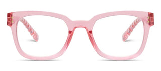 Straight-on front view of the Aubrey Pink eyeglasses showcasing the clear, rosy-pink transparent frames. The image emphasizes the flattering structural design, including a smooth bridge, integrated nose pads, and metallic gold hinge rivets. The textured, sculpted temples are softly visible extending behind the clear lenses.