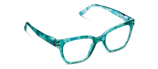Three-quarter angled studio view of Peepers "Buzzworthy" blue light filtering reading glasses set against a clean white background. The full-rim acrylic frames showcase a vibrant, marbled Turquoise Quartz swirled design in seafoam green and bright teal tones. Features clear lenses, a classic square silhouette, spring hinges, and thick, contoured temple arms for lightweight, stylish durability.