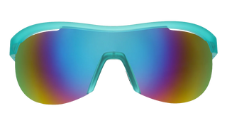 Front view of the Goodr Cue the Slow-Mo Montage sunglasses against a transparent background. The eyewear features a retro, athletic single-lens shield design with a translucent teal top frame and matching nose bridge. The expansive, rimless-bottom lens boasts a striking iridescent mirror finish that shifts seamlessly between vibrant blue, deep purple, and warm amber-orange.