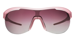 Front view of the Goodr Human Energy Drink sunglasses against a transparent background. The eyewear features a retro, athletic single-lens shield design with a translucent light pink top frame and matching nose bridge. The expansive, rimless-bottom lens boasts a smooth gradient tint, transitioning from a deep rose-plum at the top to a lighter, semi-clear hue at the bottom.
