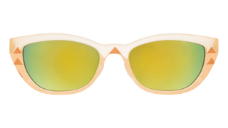 Front-facing view of the Goodr Pyramid Scheming in Cairo sunglasses against a transparent background. The eyewear features a retro-inspired, softly rounded cat-eye silhouette with a translucent, pale beige frame. The frame is accented with geometric, earth-toned triangle patterns resembling pyramids on the outer corners and the nose bridge. The lenses boast a vibrant, reflective yellow-green mirrored finish.