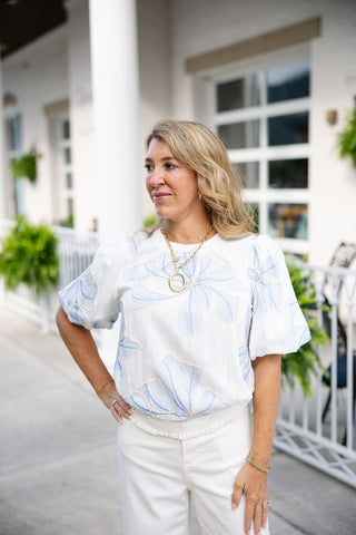 A mid-body front shot of the Seaside Stitchery Blouse, highlighting the intricate texture of the blue and cream embroidered floral stitching on the crisp white fabric. The model stands with one hand on her hip, showcasing the romantic, structured shape of the gathered puff sleeves. The unique contrast band along the bottom hemline is visible, complete with its small, structured textured details. She coordinates the look with a delicate gold chain name necklace and a prominent circular gold pendant.