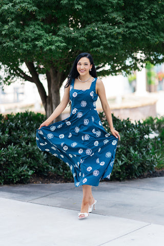 Indigo Bloom Midi Dress - barndoorboutiquetn