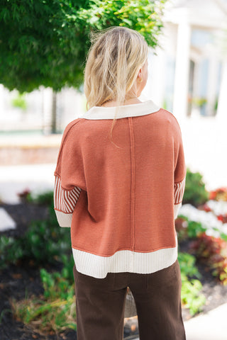Back view of the Spiced Chai Collar Knit Top demonstrating the clean terracotta knit back detailed with a vertical center seam running down the spine. The shot showcases the contrasting cream spread collar, the micro-striped back sleeve panels, and the thick, straight cream ribbed hem resting above dark brown pants with back pockets.