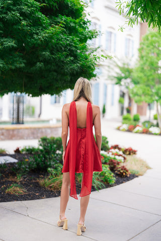 A full-length back view of the Crimson Crush Scarf Dress, highlighting the show-stopping backless cut. The dress features a clean, hidden zipper closure along the lower satin skirt. The dramatic chiffon scarf panels are attached at the neck halter, cascading down the open back as two long, flowing sheer bands that drape past the flirty mini hemline.