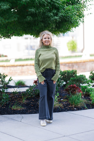 Olive Branch Braided Sleeve Sweater - barndoorboutiquetn