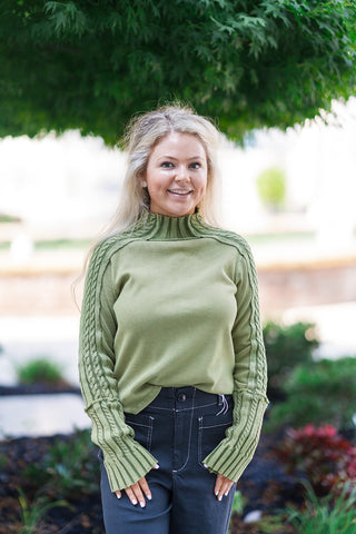 Olive Branch Braided Sleeve Sweater - barndoorboutiquetn