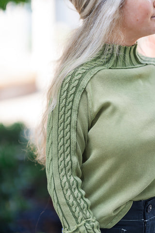 Olive Branch Braided Sleeve Sweater - barndoorboutiquetn