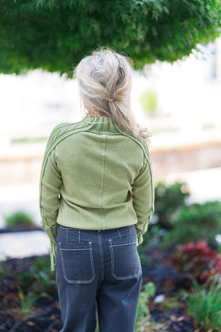 Olive Branch Braided Sleeve Sweater - barndoorboutiquetn