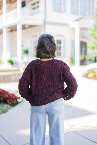 Back view of the Mulled Wine Pointelle Sweater demonstrating the continuous open-work knit pattern across the back and drop-shoulder sleeves. Shows the relaxed hemline resting comfortably above the back pockets of light-wash wide-leg jeans against a bright storefront backdrop.