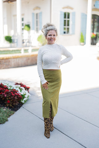 Golden Olive Suede Midi Skirt - barndoorboutiquetn