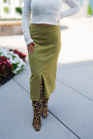 Golden Olive Suede Midi Skirt - barndoorboutiquetn