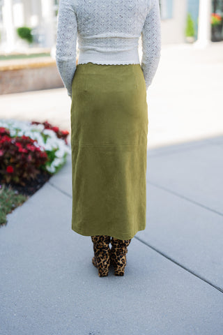 Golden Olive Suede Midi Skirt - barndoorboutiquetn