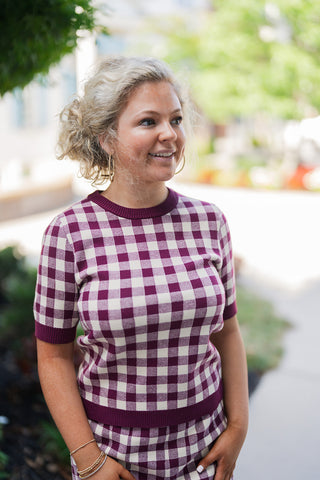 Berry Checkered Knit Top - barndoorboutiquetn