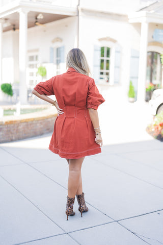 Back view of the Rust Contrast Stitch Corset Shirtdress showcasing the seamless continuation of the crisp white topstitching along the shoulder yoke, sleeves, and gently flared hem. The image highlights the tailored, contoured fit provided by the vertically stitched corset-style waistband that cinches the silhouette from behind. She poses with one hand on her hip, displaying a stack of metallic bracelets, while the leopard print ankle boots complete the bold, fashion-forward ensemble.