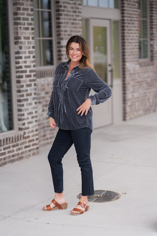 Blue Steel Velvet Button-Up - barndoorboutiquetn