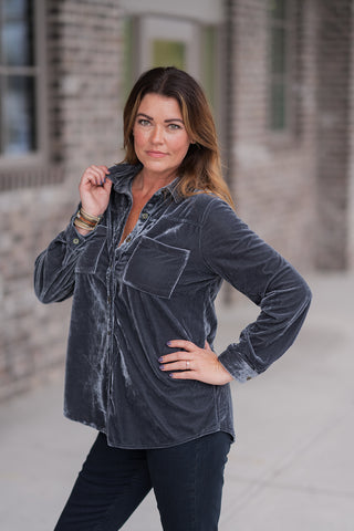 Blue Steel Velvet Button-Up - barndoorboutiquetn