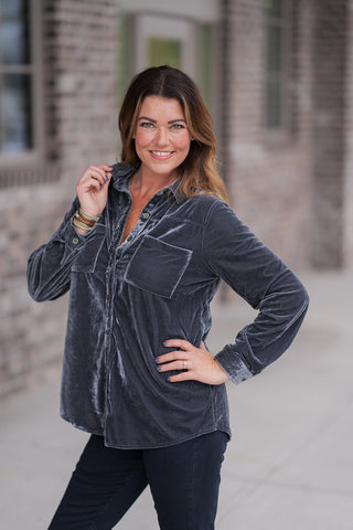 Blue Steel Velvet Button-Up - barndoorboutiquetn