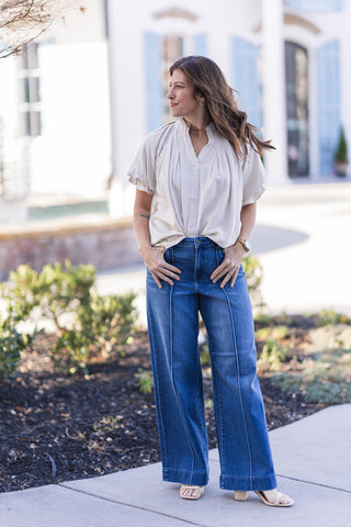 Sandstone Pleated Blouse - barndoorboutiquetn