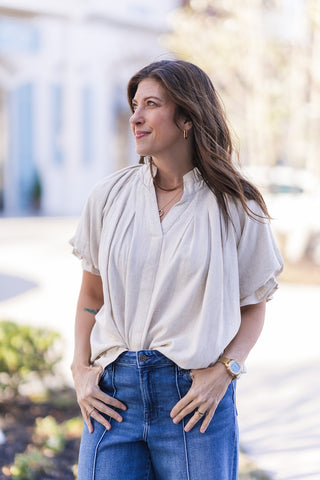Sandstone Pleated Blouse - barndoorboutiquetn