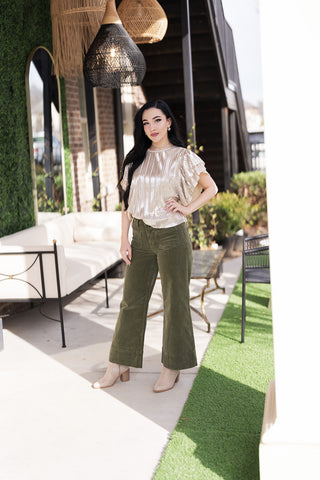 Starlight Champagne Pleated Ruffle Blouse - barndoorboutiquetn