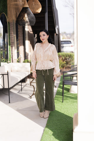 Champagne Shimmer Peplum Blouse - barndoorboutiquetn