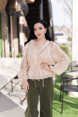 Champagne Shimmer Peplum Blouse - barndoorboutiquetn