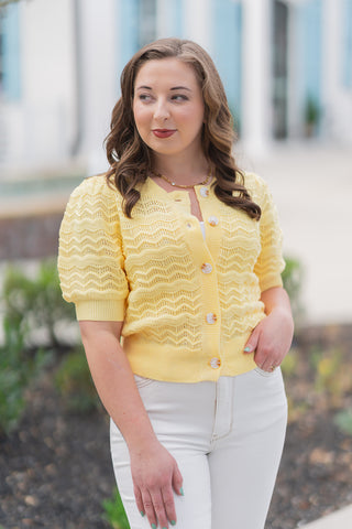 A detailed portrait view of the Daffodil Dream Cardigan highlighting the textured pointelle zigzag knit and romantic puff sleeves with ribbed cuffs. The shot showcases the functional front placket with large, marbleized tonal buttons and a classic crew neckline. Accessorized with a gold link necklace, the medium-weight, non-sheer knit offers a polished and opaque fit for standalone wear.