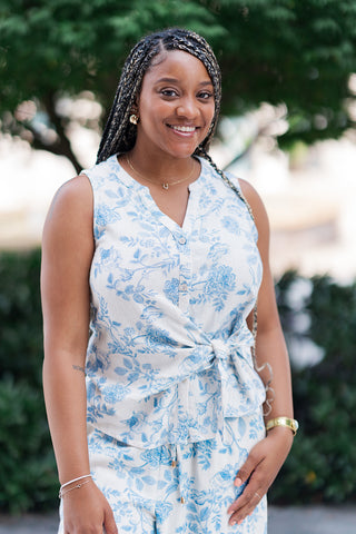 Azure Bloom Linen Top - barndoorboutiquetn