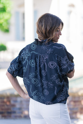 Back view of a woman wearing the Line-Art Lily Blouse, showcasing the unrestrictive, breezy silhouette. The image details the fine line-art floral print across the lightweight woven fabric and highlights the soft puff effect created by the dolman sleeves and smocked, elasticized cuffs. The straight hemline falls cleanly over white bottoms, demonstrating its versatile desk-to-dinner appeal.