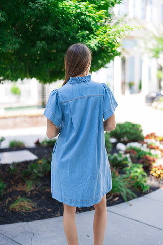 Back view of the Sweet Magnolia Chambray Dress showcasing the clean, unlined design. The shot highlights the structured ruffle collar wrapping around the neck and a crisp horizontal yoke line across the upper back with vertical pleating that provides a comfortable, unrestrictive fit.