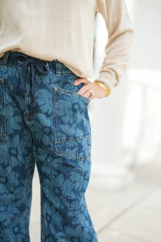 Vintage Bloom Drawstring Jeans - barndoorboutiquetn