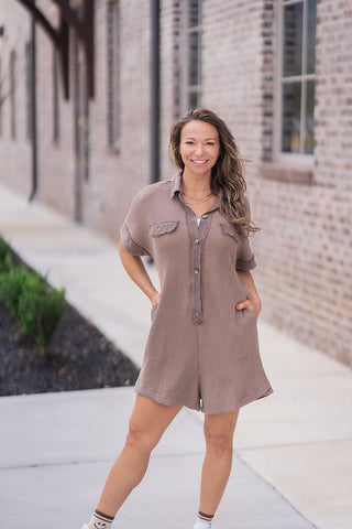 Mocha Waffleknit Romper - barndoorboutiquetn