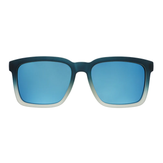 Front-facing view of the Goodr Lost in the Labyrinth sunglasses against a white background. The eyewear features a classic, subtly squared wayfarer-style silhouette with a matte frame that showcases a smooth color gradient, starting as a dark teal at the top and fading into a translucent frosted clear at the bottom. The lenses feature a vibrant, reflective mirrored blue finish.