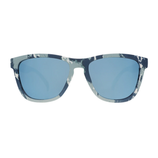 Front-facing view of the Goodr Acid Wash Aficionado sunglasses against a white background. The eyewear features a classic, subtly squared wayfarer-style silhouette with a frame patterned in a striking blue and white acid-wash denim texture. The lenses boast a vibrant, reflective mirrored blue finish.