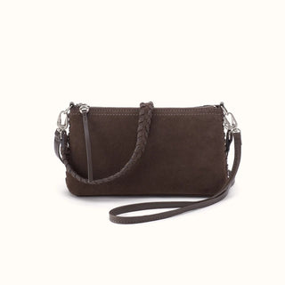 Front view of a dark brown/grey suede rectangular handbag against a solid white background. The versatile bag features a top zipper closure with a long smooth leather zipper pull and silver-tone hardware. It includes two strap options for convertible styling: a thick, braided leather shoulder strap and a longer, smooth leather crossbody strap attached by silver-tone lobster clasps. Subtle braided leather whipstitch detailing is visible along the side edges, highlighting the rich textural contrast.