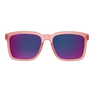 Front-facing view of the Tropical Hibiscus Tea Party sunglasses. The eyewear features a classic, softly squared wayfarer-style silhouette with a matte, light pink frame. The striking reflective lenses display a vibrant, mirrored gradient of deep purple shifting into bright pink.