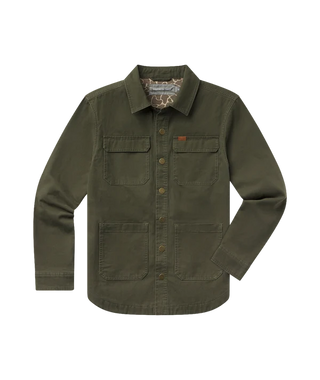 Front product flat lay of a men's olive green utility chore shirt jacket laid against a white studio background. Features a durable structured cotton twill or canvas finish, a point collar, snap or button-front closure, two flap chest pockets with a small leather logo tab, two large lower patch hand pockets, and a subtle camo or animal print contrast inner neck lining.