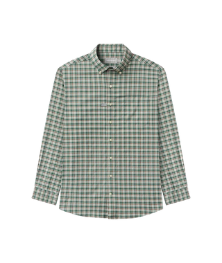 Product Flat Lay Front View:
Front flat lay view of a men's long-sleeve button-down shirt designed in a heritage forest green, tan, and white check pattern. Features include a structured button-down collar, full front button placket with neutral pearlized buttons, a single left chest patch pocket, and a gently curved hemline