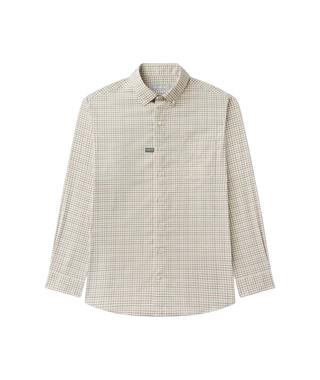A front-facing flat lay of a Men's Stretch Micro-Check Button-Down Shirt featuring a timeless tan, red, and blue checkered pattern on a light beige background. The shirt has a button-down collar, a full-length button placket with natural-toned buttons, a single open chest pocket on the left, and adjustable button cuffs. A small "STRETCH" tag is visible on the chest, emphasizing its flexible, comfortable fabric. The shirt features a slightly curved hem, shown isolated against a solid white background.