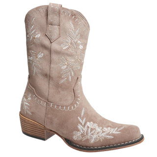 Taupe suede Western cowboy boot featuring intricate light gray and cream floral embroidery across the mid-calf shaft, heel counter, and toe box. Designed with classic pull tabs, a scalloped contrast-stitched ankle border, a rounded almond toe, and a low stacked wooden block heel, isolated against a solid white studio background.